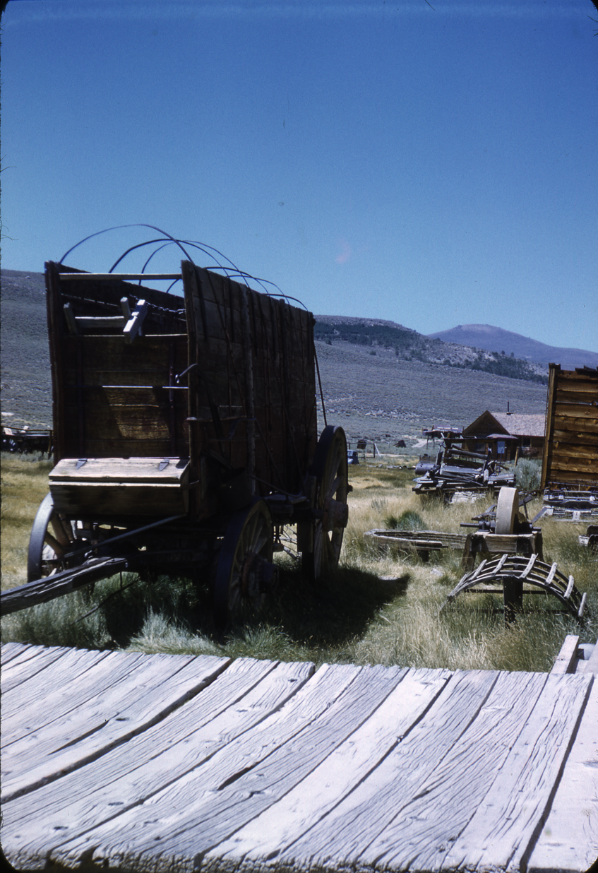 GT004 Tall Freight Wagon next to Boardwalk in Bodie CA 1959